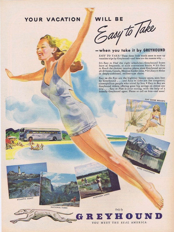 1947 Greyhound Bus Easy to Take Vacation Original Vintage Advertisement with Pretty Girl in Bathing Suit