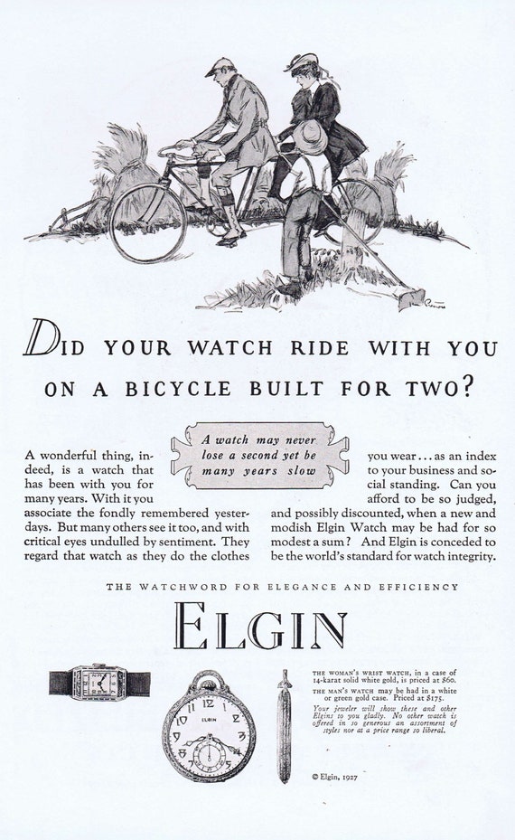 Elgin Watches and Bicycle Built for Two Old 1927 Vintage Ad