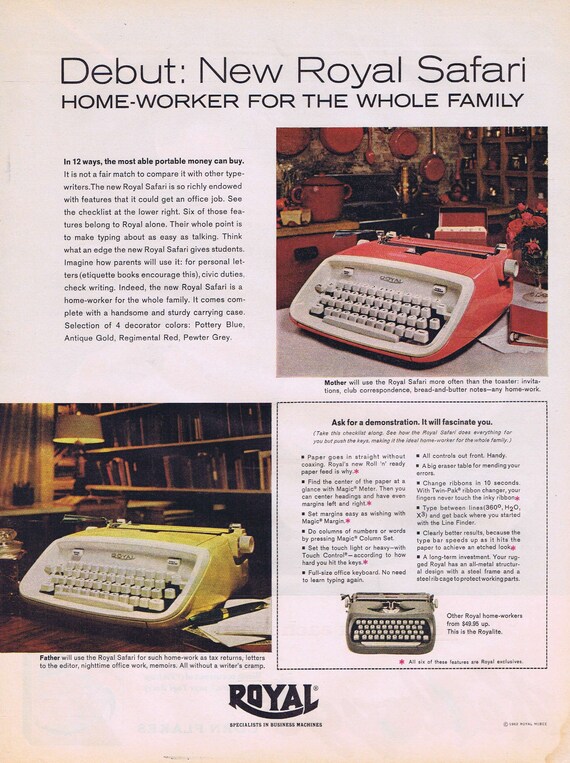 1962 Royal Safari Typewriters or Kellogg’s Corn Flakes Original Vintage Advertisements