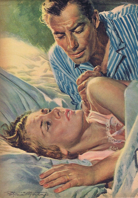 Peter Stevens 1952 Vintage Magazine Art Drawing of Man and Woman in Classic Pulp Style