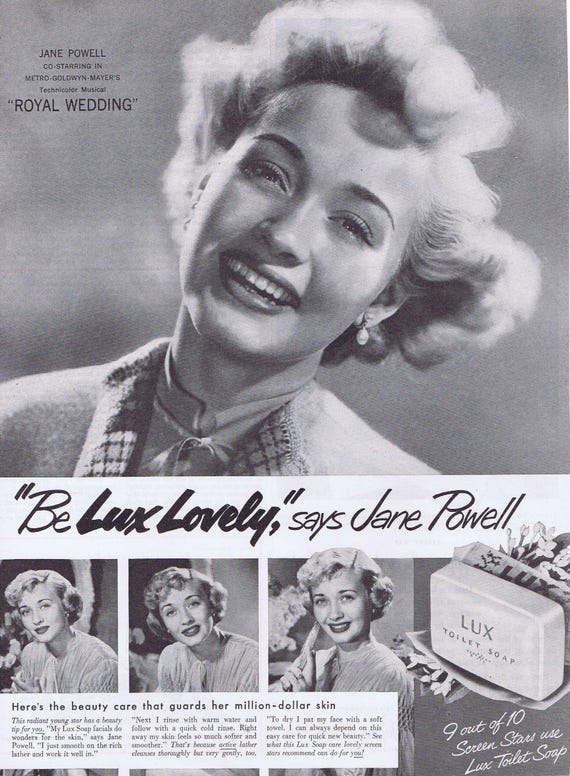 Jane Powell 1951 Lux Toilet Soap Original Vintage Advertisement starring in “Royal Wedding” film