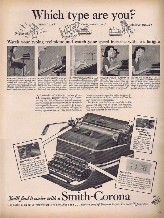 1946 Smith-Corona Typewriter Original Vintage Advertisement Lots of Information