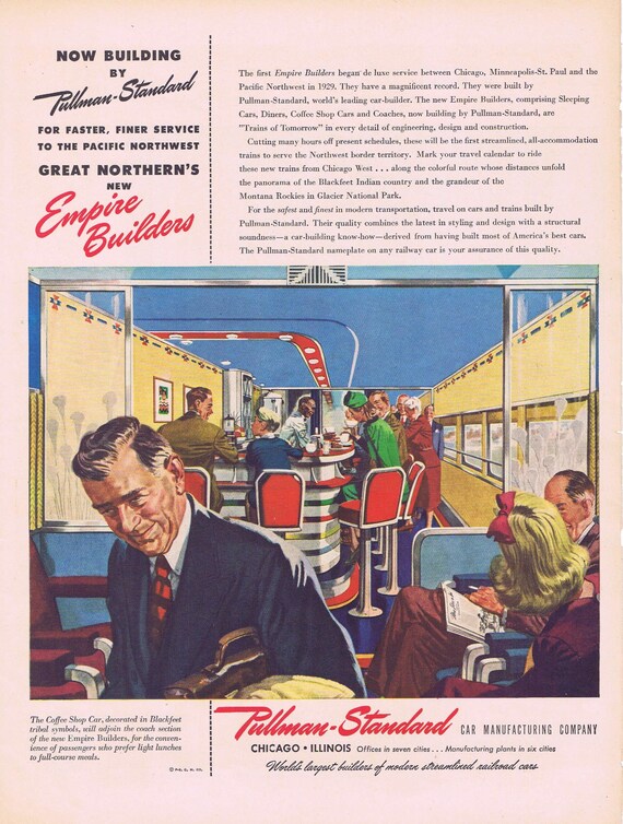 1946 Pullman-Standard Railways with Coffee Shop or Dubonnet Wine with “La Rotonde-Paris” art by Stanton MacDonald Wright Original Vintage Ad