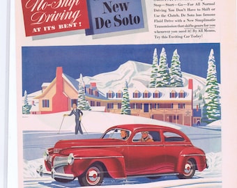 1941 New De Soto Automobile Original Vintage Advertisement in Winter Ski Lodge