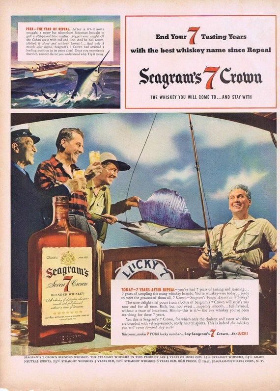 1941 468 Pound Blue Marlin and Seagram’s 7 Crown Whiskey Original Vintage Advertisement 7 Years After the Repeal