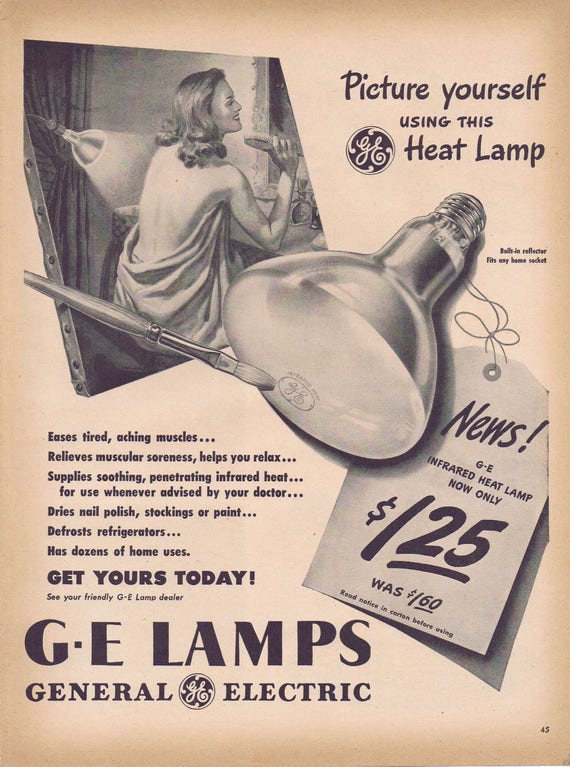 1947 General Electric Heat Lamp for Tanning Original Vintage Advertisement