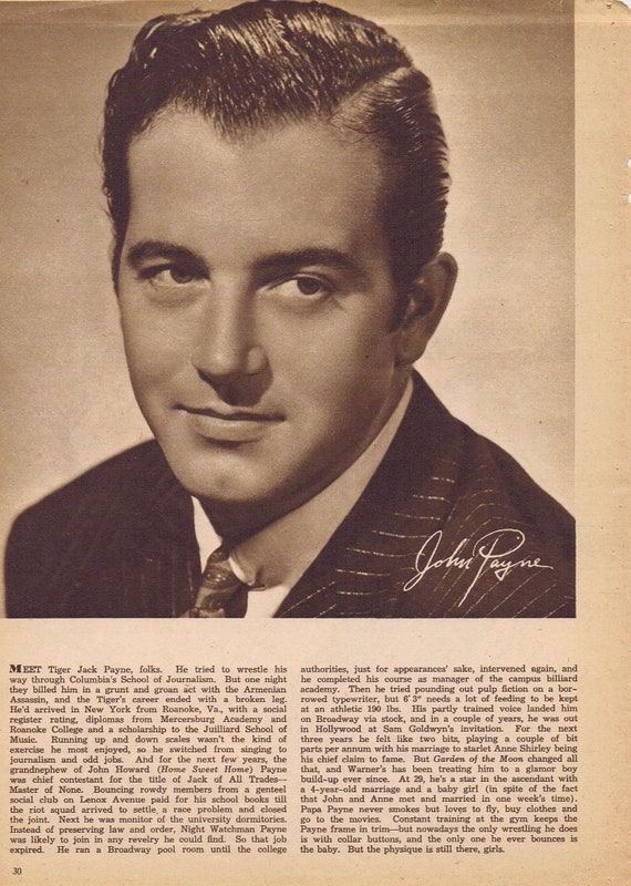 John Payne Classic Vintage Leading Male Star 1941 Star Photo with Autograph Copy and Movie News