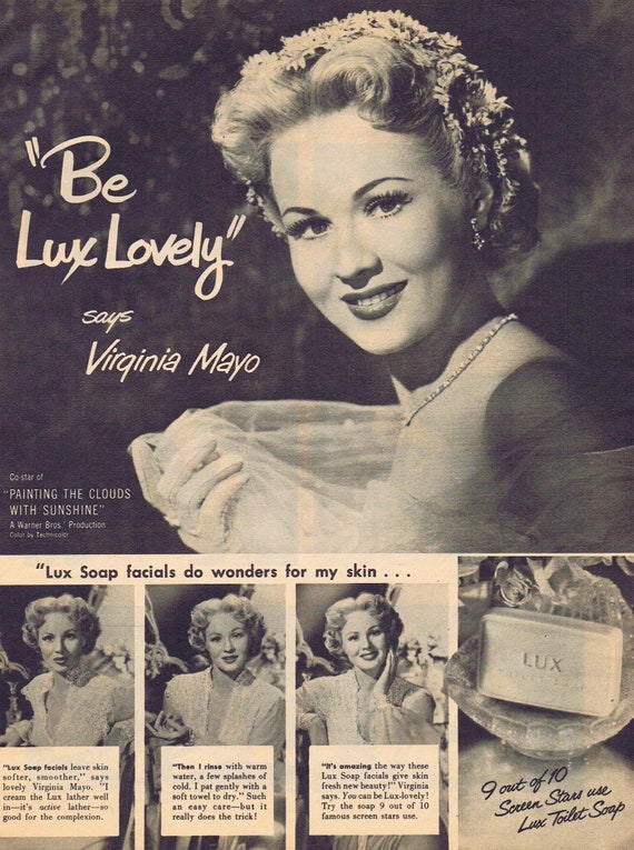 1952 Virginia Mayo Be Lovely for Lux Toilet Soap Original Vintage Advertisement Starring in “Painting the Clouds with Sunshine”
