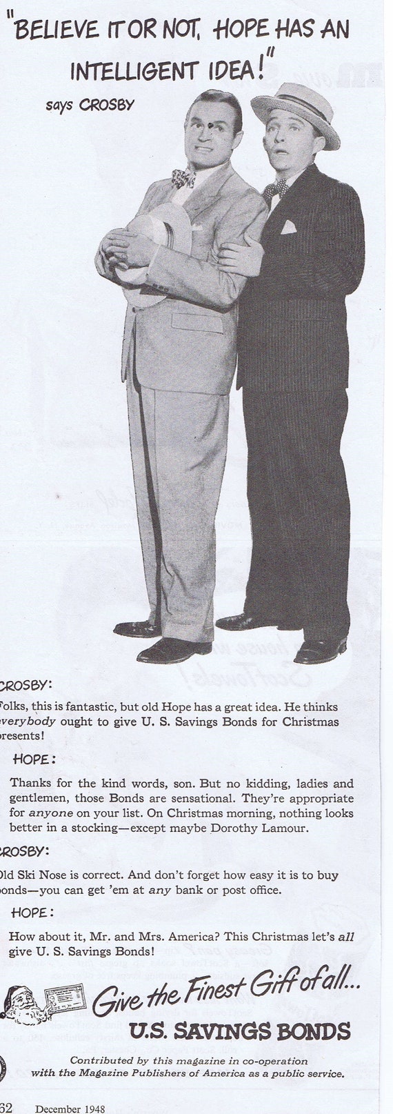 Bob Hope and Bing Crosby 1948 US Savings Bonds for Christmas Original Vintage Advertisement