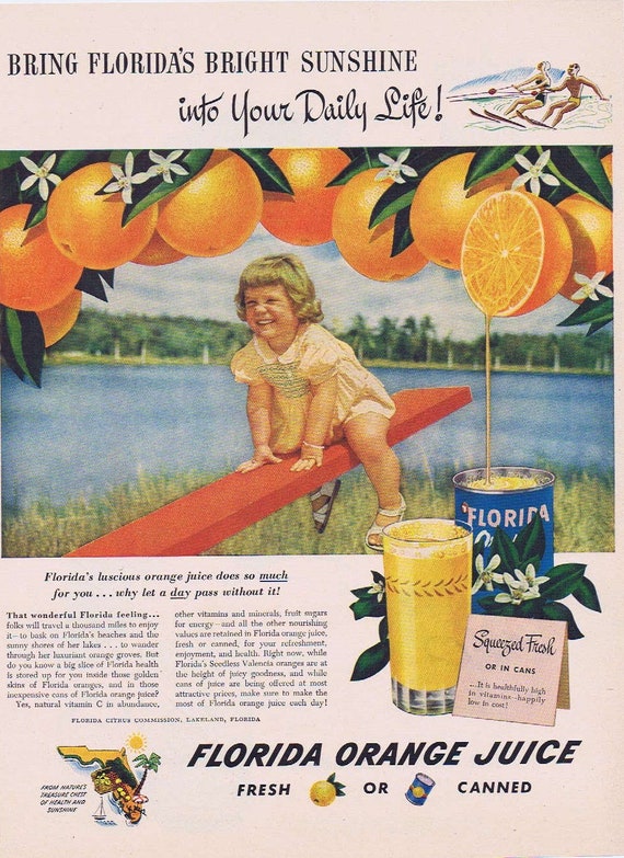 1949 Florida Orange Juice Original Vintage Advertisement with Very Cute Child Photo