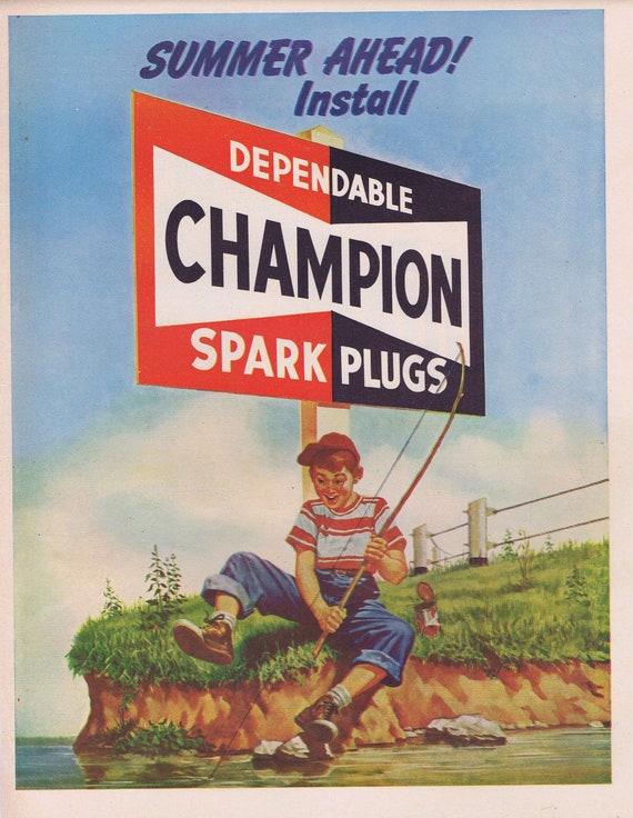 1957 Champion Spark Plugs with Boy Fishing or Ritz Crackers at a Summer Picnic Original Vintage Advertisement