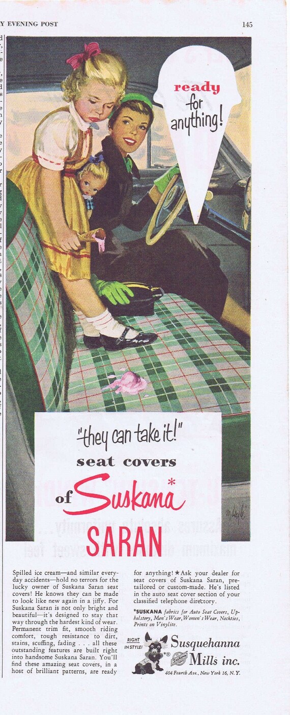 1950 Suskana Saran Car Seat Covers or Spalding Dot Golf Balls Original Vintage Advertisements