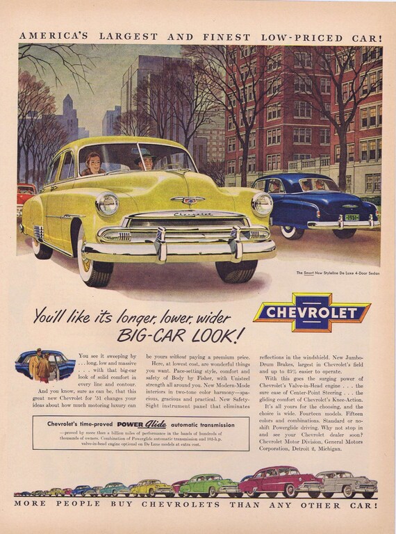 1951 Chevrolet Big Car Look Original Vintage Automobile Advertisement With New Styleline Deluxe 4 Door Sedan