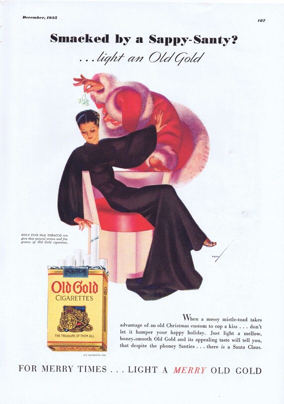 1935 Santa with Mistletoe and Pretty Lady Old Gold Cigarettes Original Vintage Christmas Advertisement