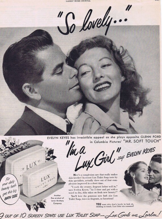 1949 Evelyn Keyes and Glenn Ford Lux Toilet Soap Original Vintage Advertisement