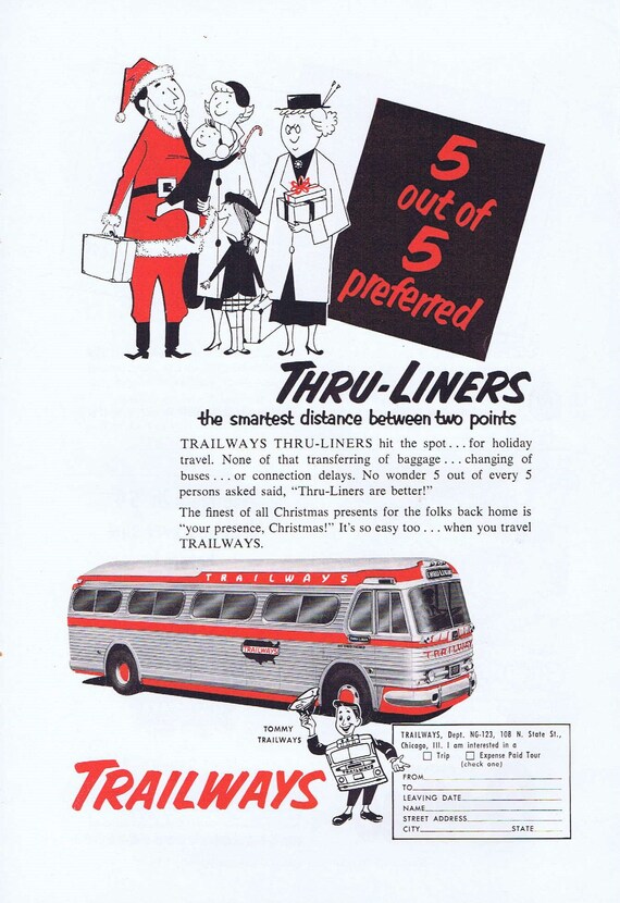 1953 Christmas Travel on Trailways Buses with Tommy Trailways Original Vintage Advertisement Very Nostalgic