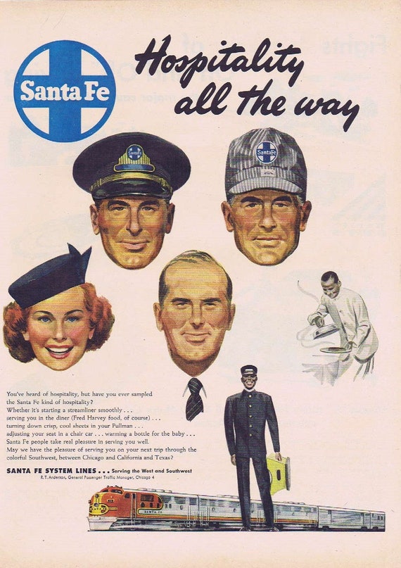 1949 Santa Fe Railways Hospitality Original Vintage Advertisement with Nice Train Workers Art