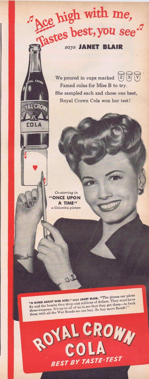 1944 WW2 Beautiful Janet Blair Royal Crown Cola or Champion Spark Plugs on the Firing Line Original Vintage Advertisement
