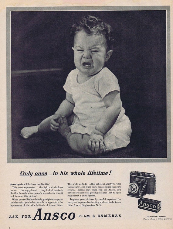 1947 Ansco Film and Camera Original Vintage Advertisement with Unhappy Baby