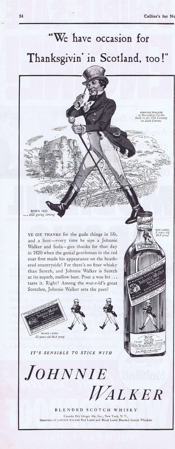 1938 Johnnie Walker Whiskey Thanksgiving in Scotland Original Vintage Advertisement