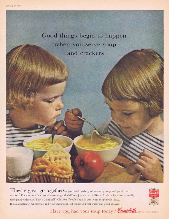 1961 Campbell’s Chicken Noodle Soup and Cute Twin Girls Original Vintage Advertisement