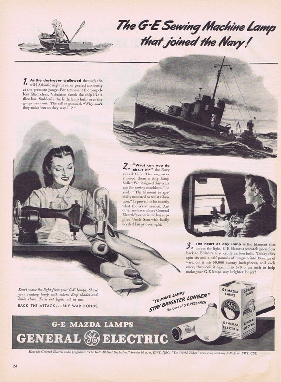 1944 WW2 Sewing Machine General Electric Mazda Lamp that Joined the Navy Original Vintage Advertisement