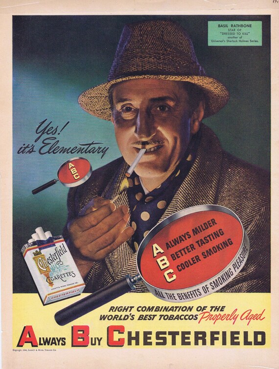 1947 Basil Rathbone as Sherlock Holmes in “Dressed to Kill” Original Vintage Advertisement for Chesterfield Cigarettes