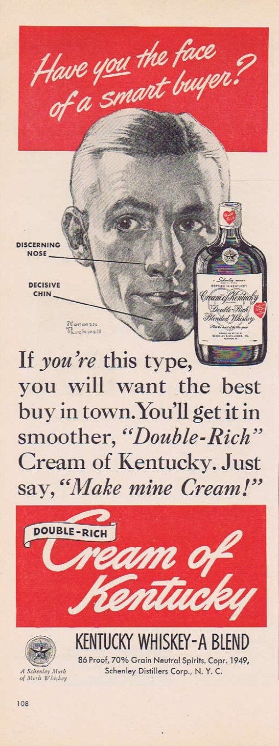 1949 Cream of Kentucky Double Rich Whiskey Advertisement with Norman Rockwell Art of the Face of a Smart Buyer