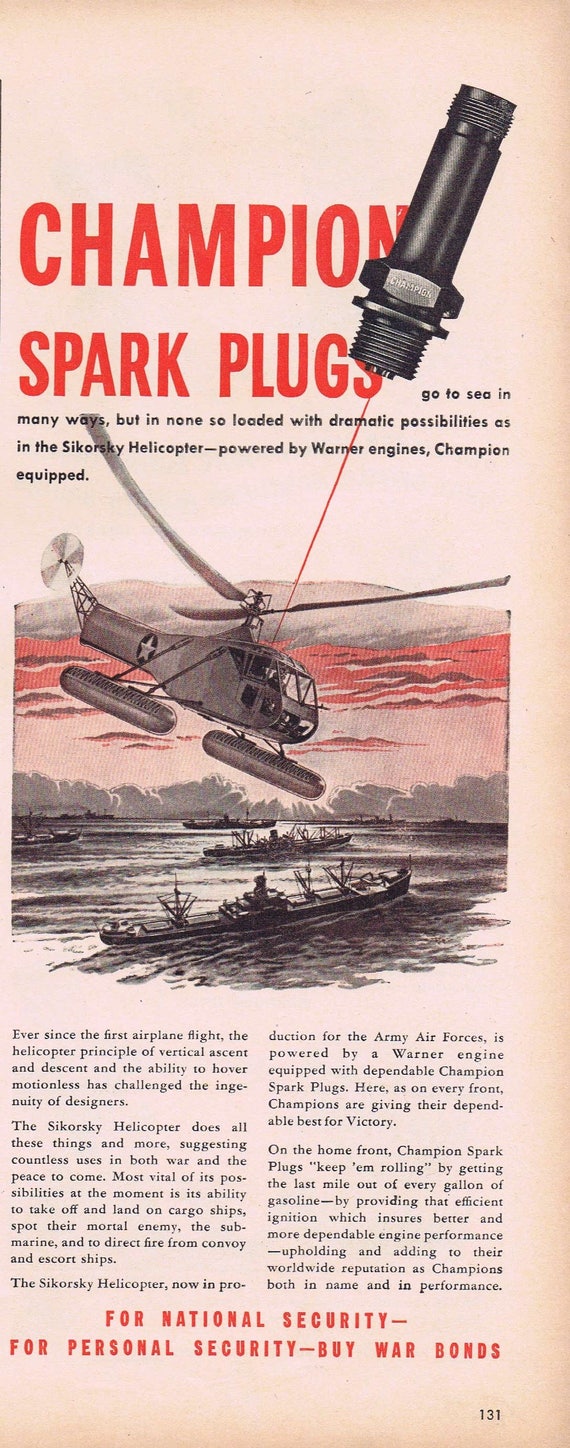 1943 WW2 Sikorsky Helicopter with Warner Engine Original Vintage Advertisement by Champion Spark Plugs