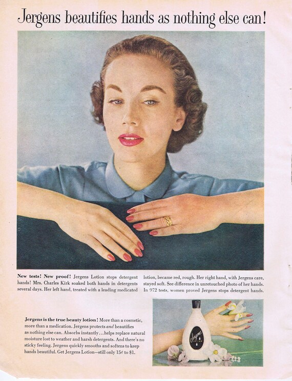 1960 Jergens Beauty Lotion Detergent Compare Hands Original Vintage Advertisement