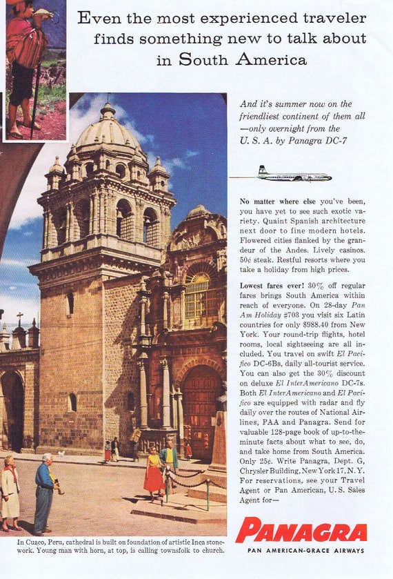 1957 Panagra Pan American-Grace Airlines Original Vintage Ad at cathedral in Cuzco Peru