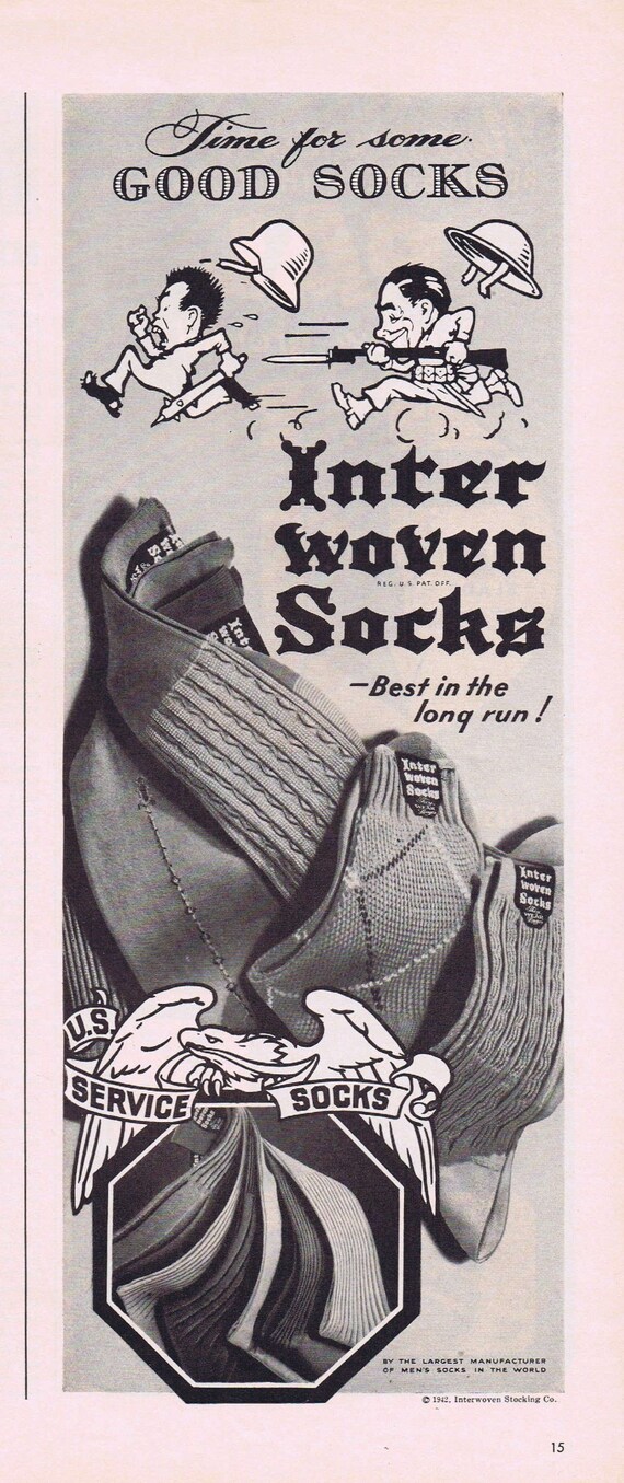 WW2 Cartoon Art and Inter Woven Men's Sock Old Advertisement