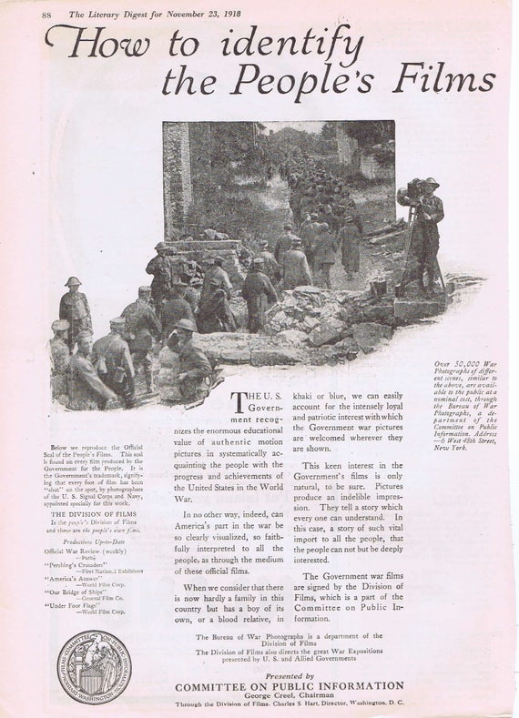 WWI War Films Public Information or Inland Piston Rings 1918 Original Vintage Advertisement