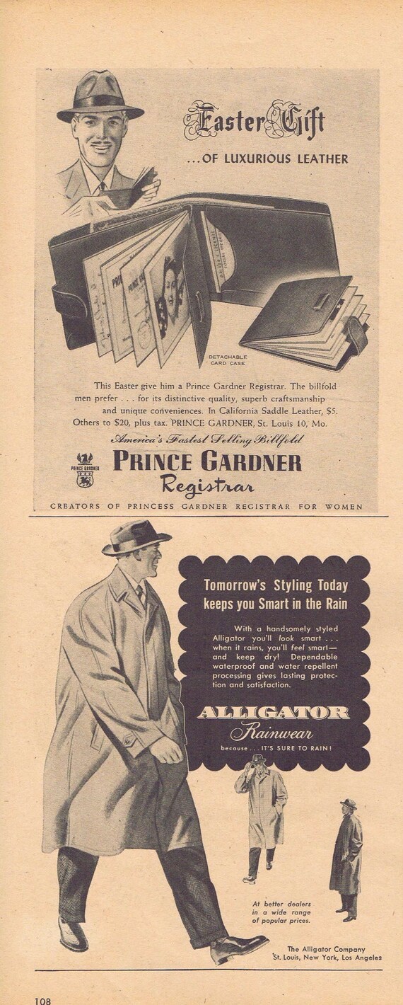 1946 Prince Gardner Billfolds Easter Gift and Men’s Alligator Rainwear Original Vintage Advertisement