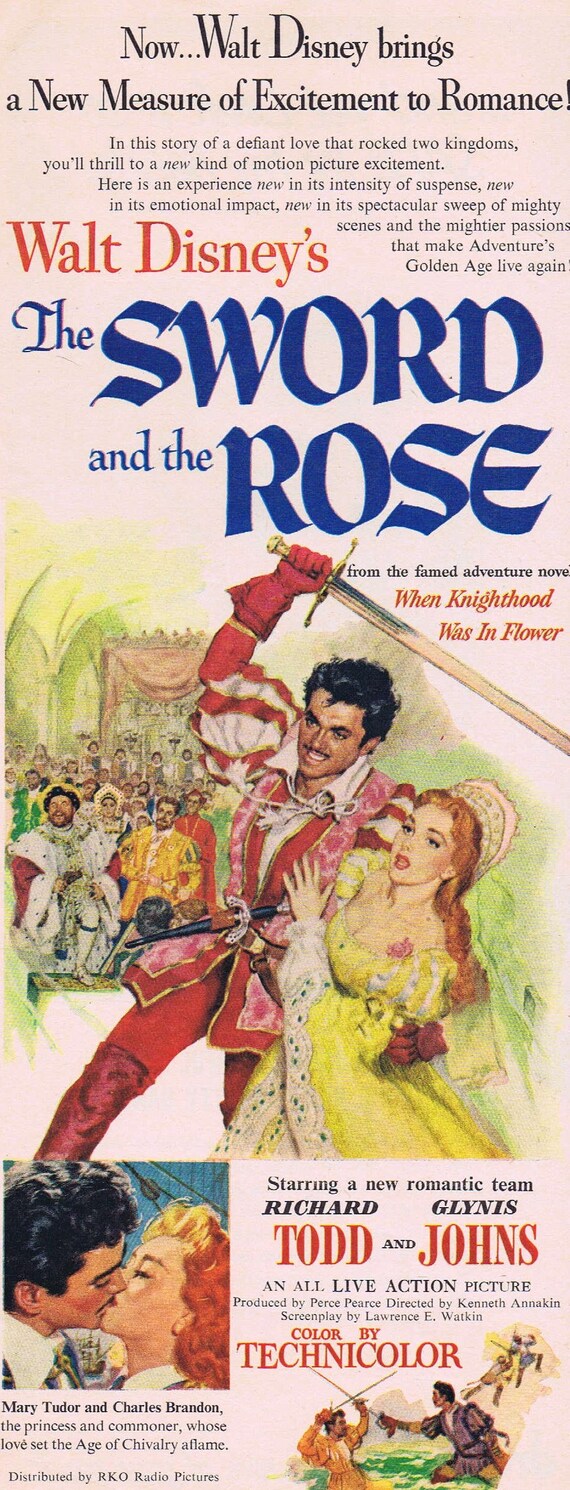 Walt Disney’s Sword and the Rose 1953 Original Vintage Movie Ad with Richard Todd and Glynis Johns Neat Art