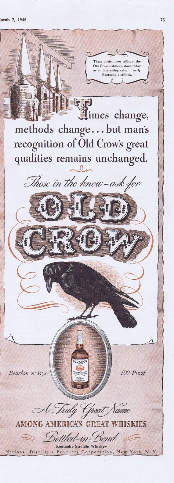 1942 Old Crow Kentucky Straight Whiskey Original Vintage Advertisement