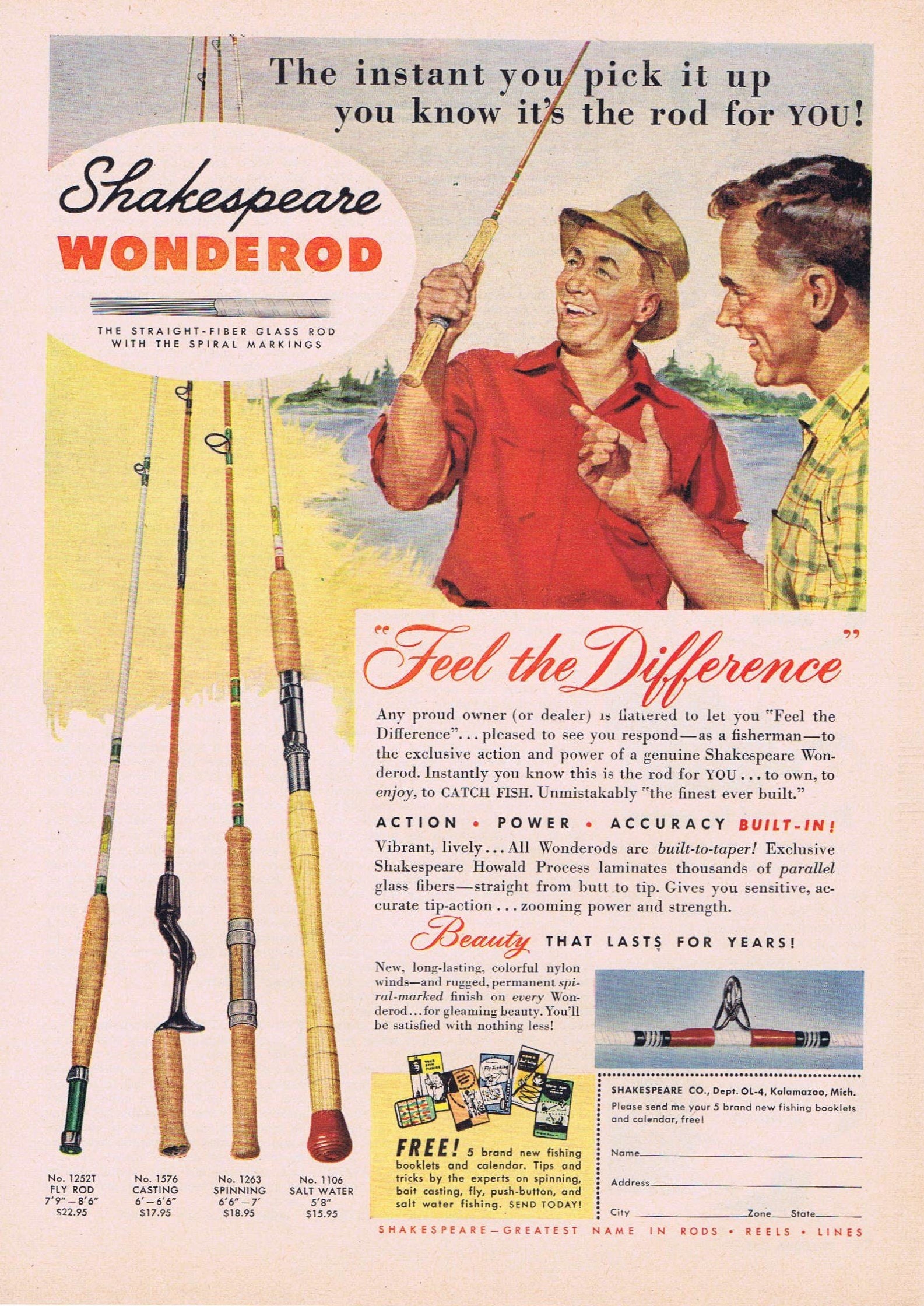 1958 Shakespeare Wonderod Feel the Difference Fishing Rod Original Vintage  Advertisement
