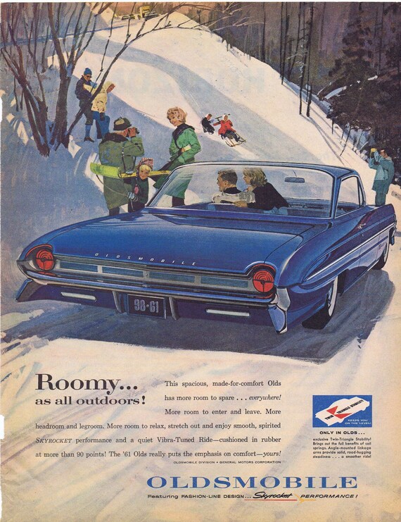 1961 Beautiful Oldsmobile with Skyrocket Performance Original Vintage Advertisement in Nice Winter Scene