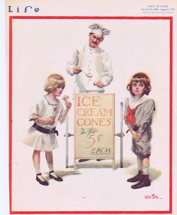 1913 Adorable Old Time Ice Cream Cones High Cost of Living Drawing by Walter Tittle Bonus 5 cent Coca-Cola Ad on the back.