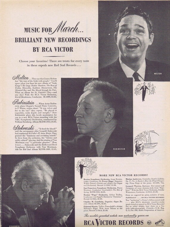 1947 RCA Victor Records Original Vintage Advertisement with James Melton, Artur Rubinstein, and Leopold Stokowski