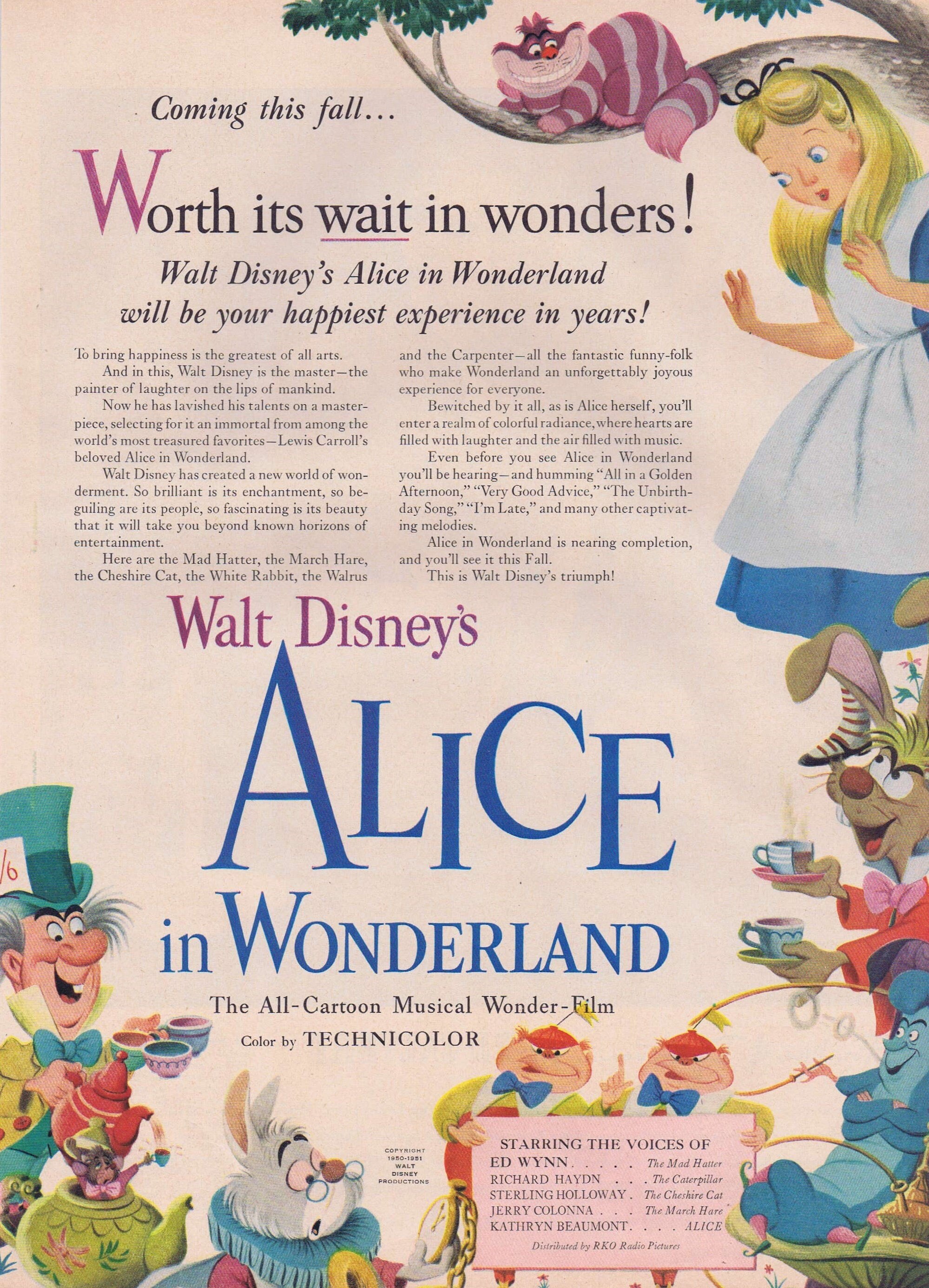 1951 Disney’s Alice in Wonderland Movie Ad or Lord Calvert Whiskey with
