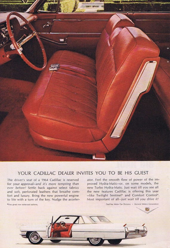 1964 Beautiful White Cadillac Convertible Automobile Original Vintage Ad Nice Interior Picture and Twilight Sentinel Comfort Control