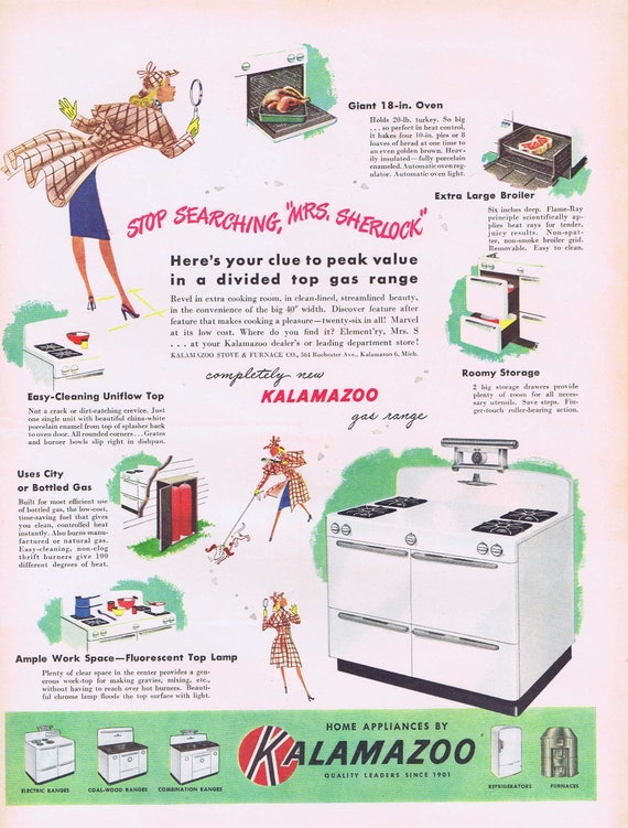 1947 Kalamazoo Vintage Kitchen Appliances or Hunter Fine Blended Whiskey First Over the Bars Original Vintage Ad