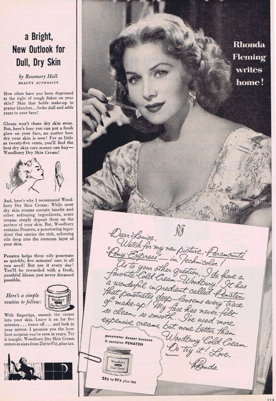 Rhonda Fleming 1953 Woodbury Cold Cream Original Vintage Advertisement Writing Home