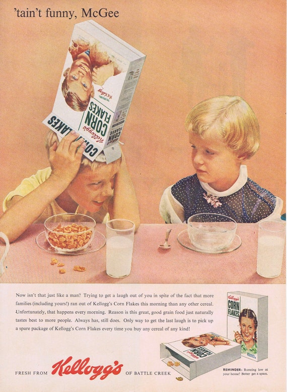 Kellogg’s Corn Flakes Cereal and Brother Showing Off or Old Taylor Kentucky Bourbon Old Ad