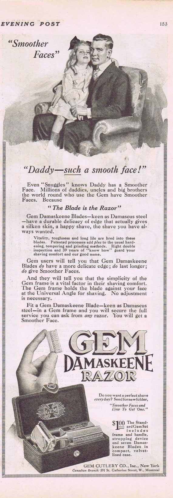 1919 Gem Damaskeen Men’s Razor with Father and Daughter or Girald Cigars by Antonio Roig & Langsdorf Original Vintage Advertisement