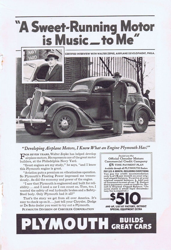 Old Plymouth 1936 Car Ad with Sweet-Running Motor