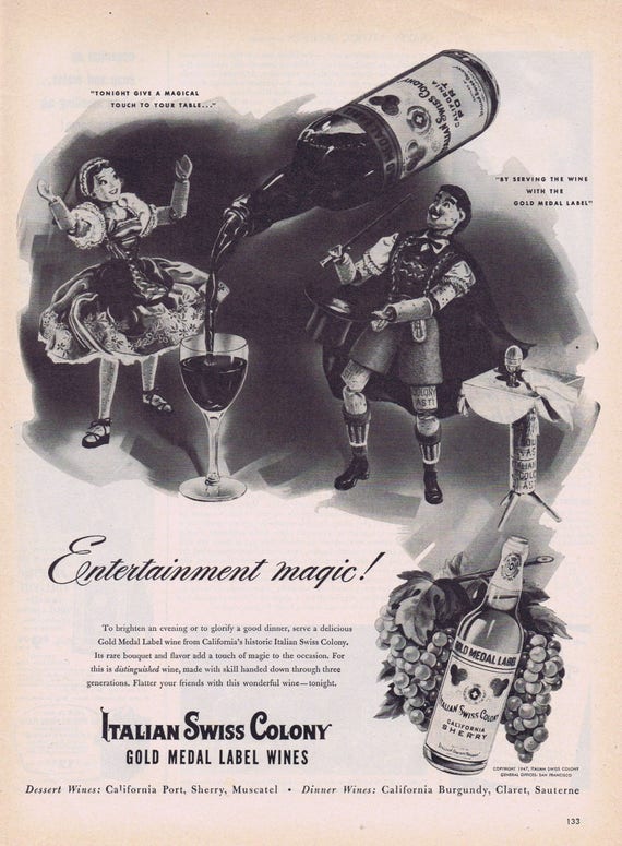 1947 Italian Swiss Colony Wine Original Vintage Ad with Wooden Puppets Art