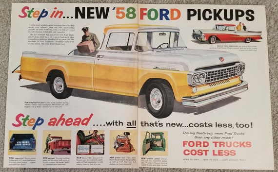 1958 Ford Pickup Trucks Unique Giant Double Page Original Vintage Advertisement With Beautiful Artwork
