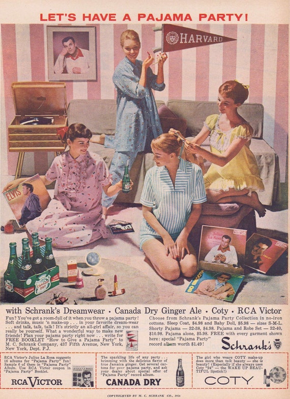 1956 Pajama Party Schrank’s Dreamwear  Julius Da Rosa Pic Original Vintage Ad with Canada Dry Giner Ale, Coty Make-Up and RCA Victor Records